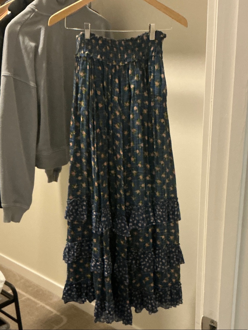 Free People Navy Floral Tiered Maxi Skirt